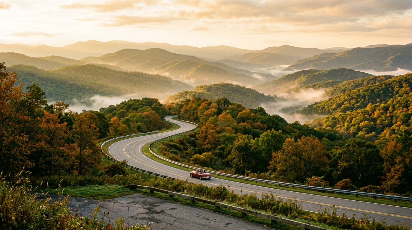 A back road winding through the mountains at sunrise